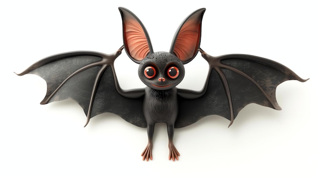 3D-weergave van een schattige en vriendelijke cartoon vleermuis De vleermuit heeft grote rode ogen puntige oren en een harig lichaam Het glimlacht en heeft zijn vleugels uitgestrekt