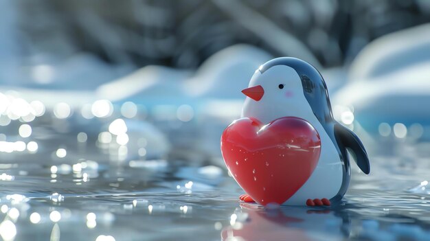 Foto 3d-weergave van een schattige pinguïn met een rood hart die staat op een bevroren meer omringd door besneeuwde bergen