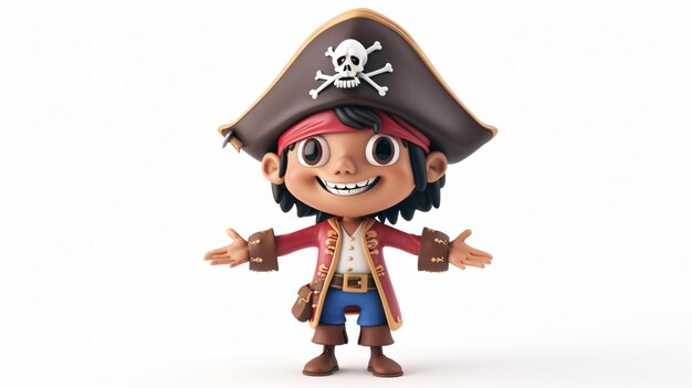 Foto 3d-weergave van een schattige piratenjongen. de jongen draagt een rood shirt, blauwe broek en een bruine piratenhoed.