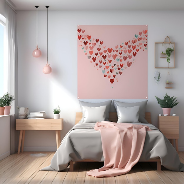 3D-weergave van een slaapkamer met een roze bed en een hart op de muur.