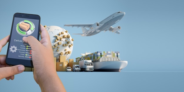 3d-weergave van een smartphone-app voor het volgen van bezorging met een vliegtuig, vrachtwagen, schip en bestelwagen op de achtergrond