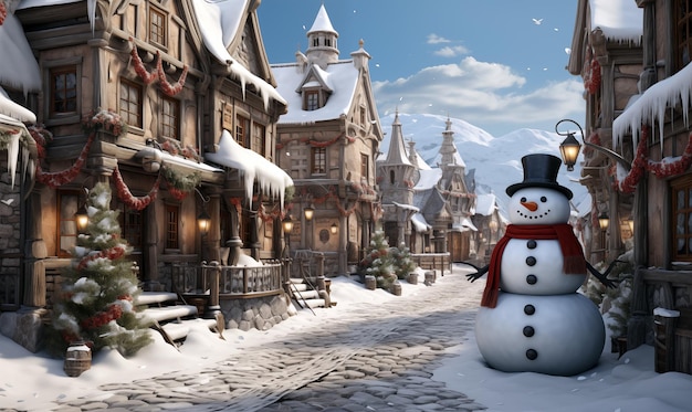 3D-weergave van een sneeuwman voor een besneeuwde kerststad