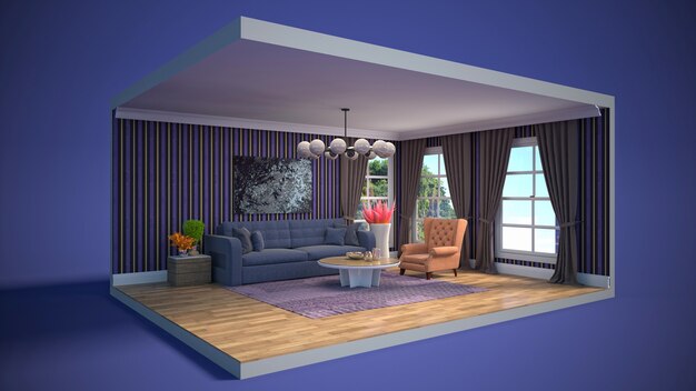 3D-weergave van een stijlvolle, moderne kamer