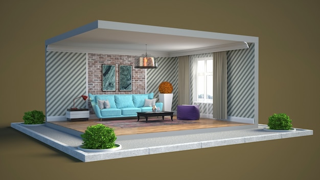 3D-weergave van een stijlvolle, moderne kamer