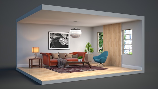 3D-weergave van een stijlvolle, moderne kamer