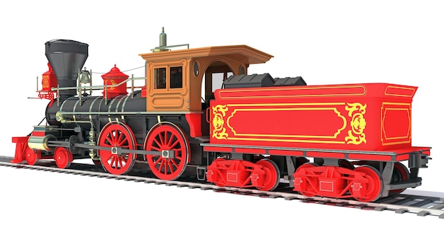 3D-weergave van een stoomlocomotief op een witte achtergrond