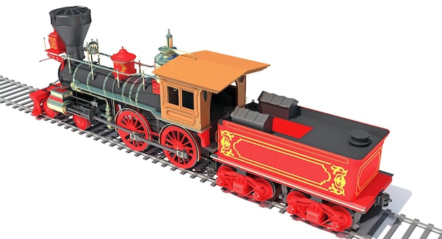 3D-weergave van een stoomlocomotief op een witte achtergrond