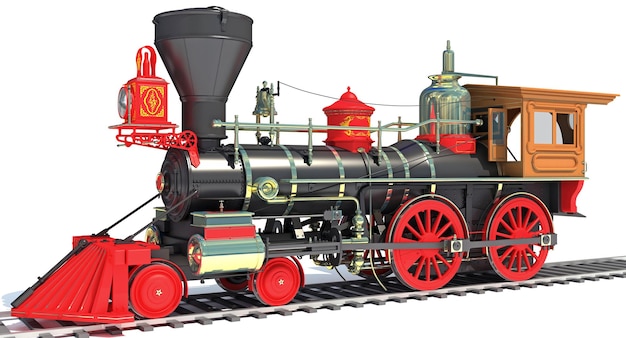 3D-weergave van een stoomlocomotief op een witte achtergrond
