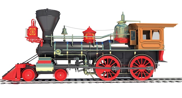 3D-weergave van een stoomlocomotief op een witte achtergrond