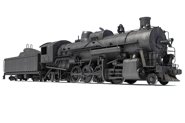 3D-weergave van een stoomtreinlocomotief op een witte achtergrond