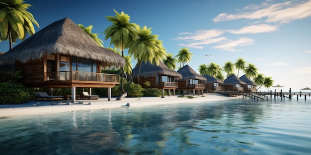 3D-weergave van een tropisch strand met waterbungalows en kokospalmen