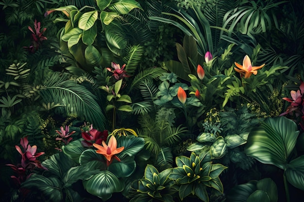 3D-weergave van een tropische jungle achtergrond met bloemen en planten