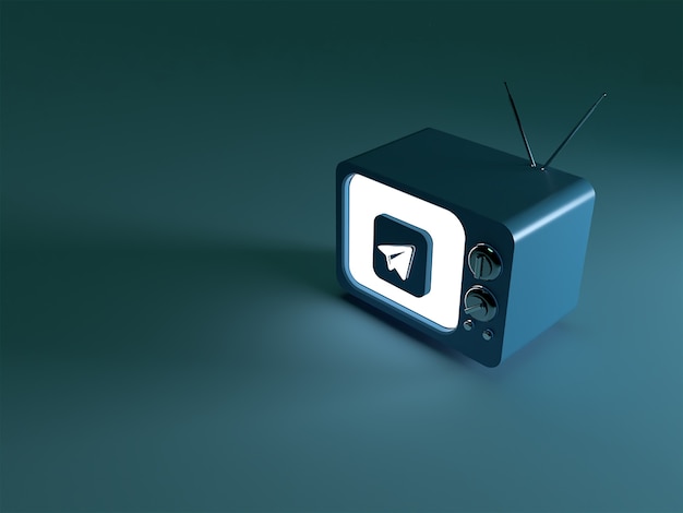 3d-weergave van een tv met een gloeiend telegram-logo