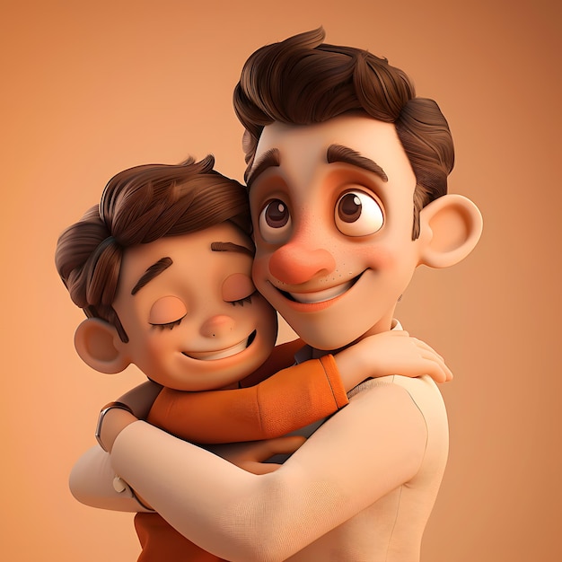 3D-weergave van een vader die zijn zoon omhelst op oranje achtergrond