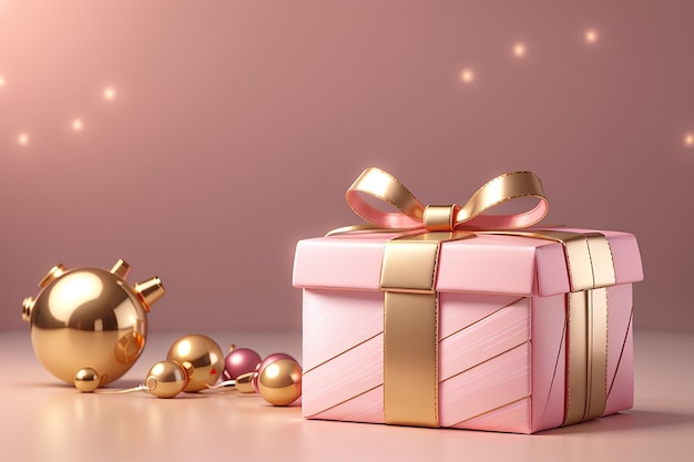 3D-weergave van een verpakt roze gouden geschenkdoos op achtergrondconcept van vakantie- en verjaardagscadeau