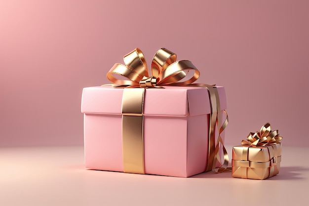 3D-weergave van een verpakt roze gouden geschenkdoos op achtergrondconcept van vakantie- en verjaardagscadeau