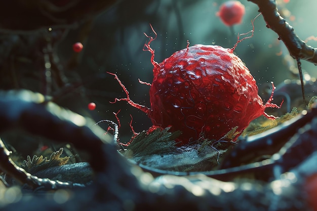 3D weergave van een virus in een bloedcel met bloedcellen