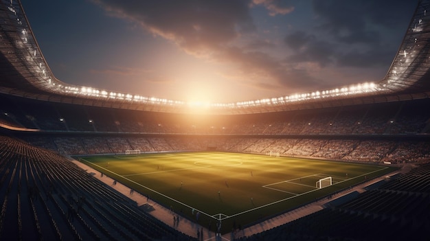 3D-weergave van een voetbalstadion 's avonds met lichten en fakkels generatieve ai