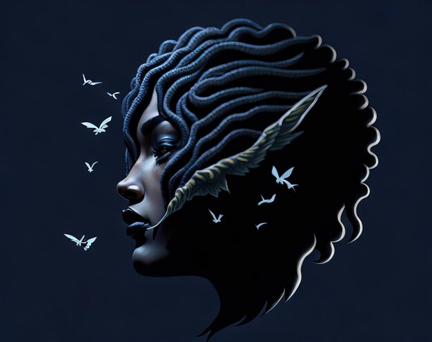 3D-weergave van een vrouwelijk gezicht met een prachtig patroon op een donker achtergrondfantasieconcept
