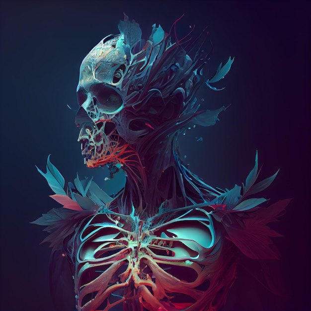 3D-weergave van een vrouwelijk skelet geïsoleerd op zwarte achtergrond met vignet