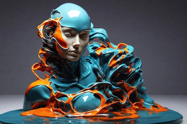 3D-weergave van een vrouwelijke robot in een oranje en blauwe vloeistof