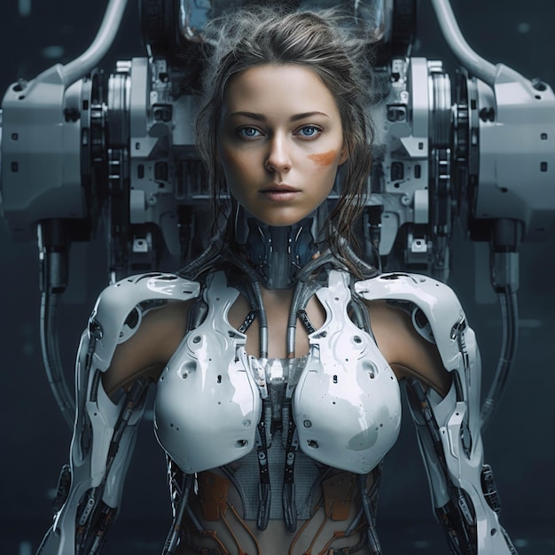 3D-weergave van een vrouwelijke robot met een futuristische kapsel en make-up