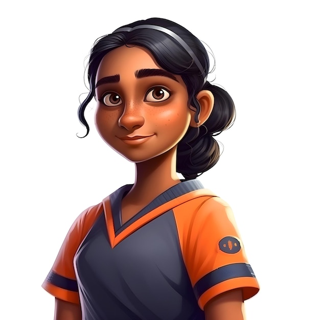 3D-weergave van een vrouwelijke voetballer met oranje trui geïsoleerd op een witte achtergrond