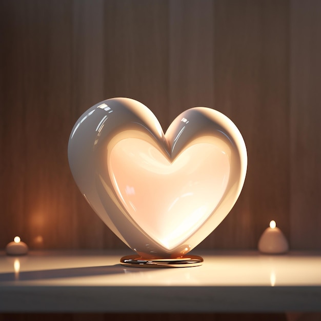 3D-weergave van een wit hart op een houten achtergrond met kaarsen