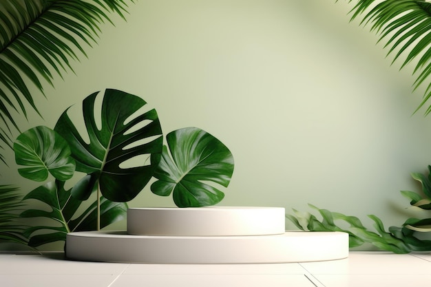 3D weergave van een wit podium met geometrische vorm op Monstera deliciosa tuin tegen groene abstract