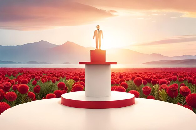 Foto 3d-weergave van een wit podium met rode bloemen en een prachtige achtergrond.