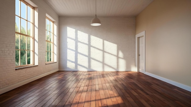 3D-weergave van een witte lege kamer met houten vloer en zonlicht die schaduw op de muur werpt