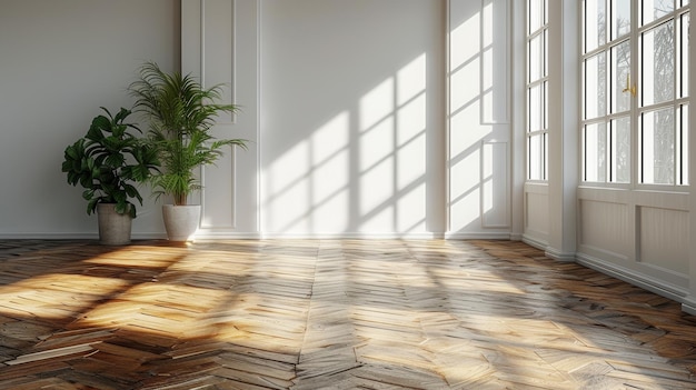 3D-weergave van een witte lege kamer met houtlaminaatvloer en schaduw gegoten door zonlicht Perspectief van minimaal interieurontwerp