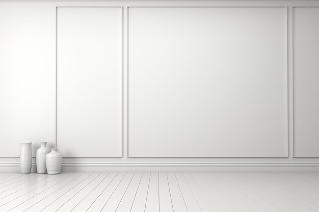 3D-weergave van een witte lege kamer met twee vazen en een witte muur