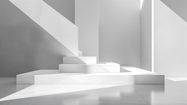 3D-weergave van een witte minimalistische kamer met een podium in het midden De kamer wordt verlicht door een helder licht van de linkerkant
