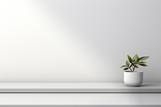 3D-weergave van een witte plank met een plant in een pot