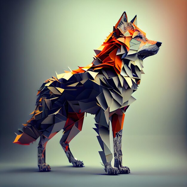 3D-weergave van een wolf gemaakt van veelhoekige origami