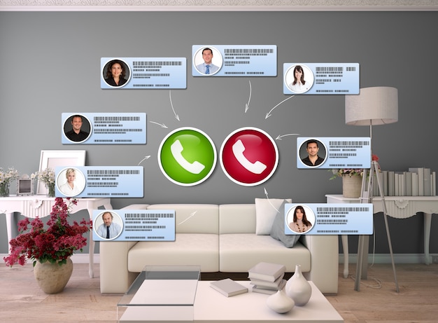 3D-weergave van een woonkamer met mensen die verbinding maken met een videogesprek