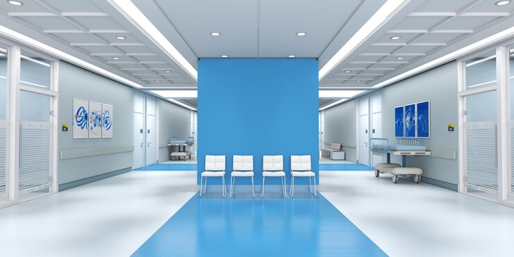 3D-weergave van een ziekenhuisinterieur met veel kopie ruimte