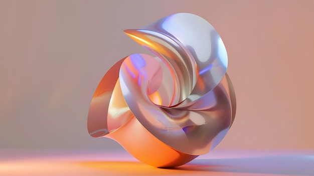 3D-weergave van een zilveren en oranje abstracte vorm op een beige achtergrond De vorm bestaat uit gladde bochten en heeft een reflecterend oppervlak