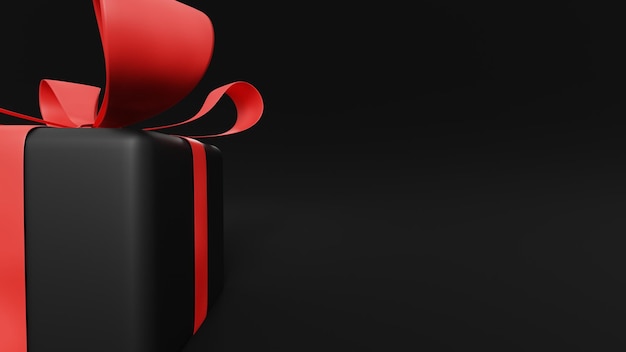 3D-weergave van een zwarte geschenkdoos met een rode strik op een zwarte achtergrond