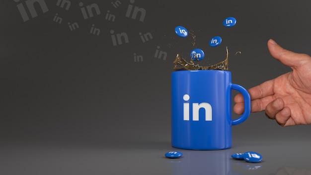 Foto 3d-weergave van enkele linkedin-pillen die in een blauwe mok vallen met het logo van dit professionele sociale netwerk