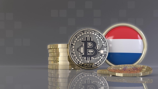 3D-weergave van enkele metalen Bitcoins voor een badge met de vlag van Nederland