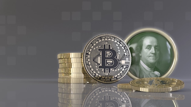 3D-weergave van enkele metalen Bitcoins voor een badge met het gezicht van Benjamin Franklin