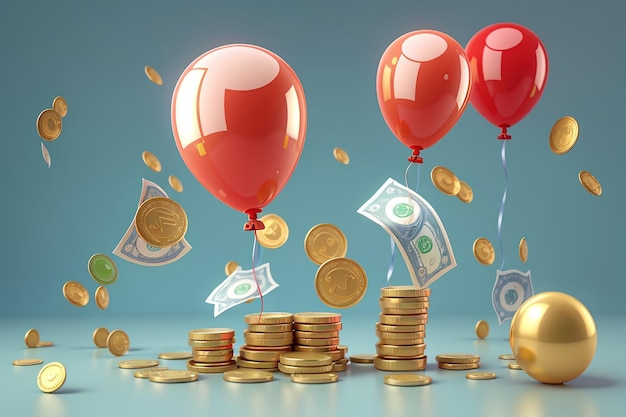 3D-weergave van geld en ballon pictogram concept van geld inflatie geïsoleerd op witte achtergrond 3D render illustratie cartoon stijl