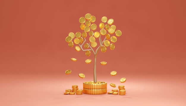 3D-weergave van geldboom op grote munten met gouden muntbladeren die naar beneden vallen in investeringsconcept