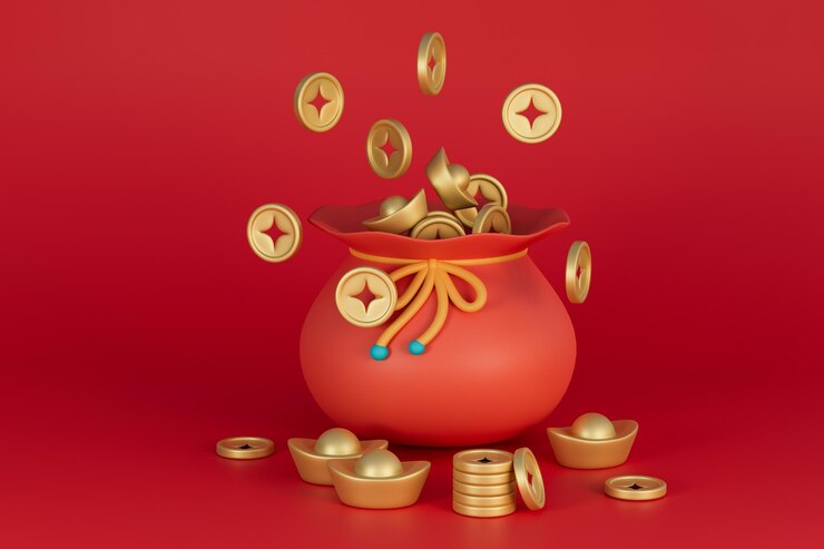 3D-weergave van geldzak gouden munt illustratie.