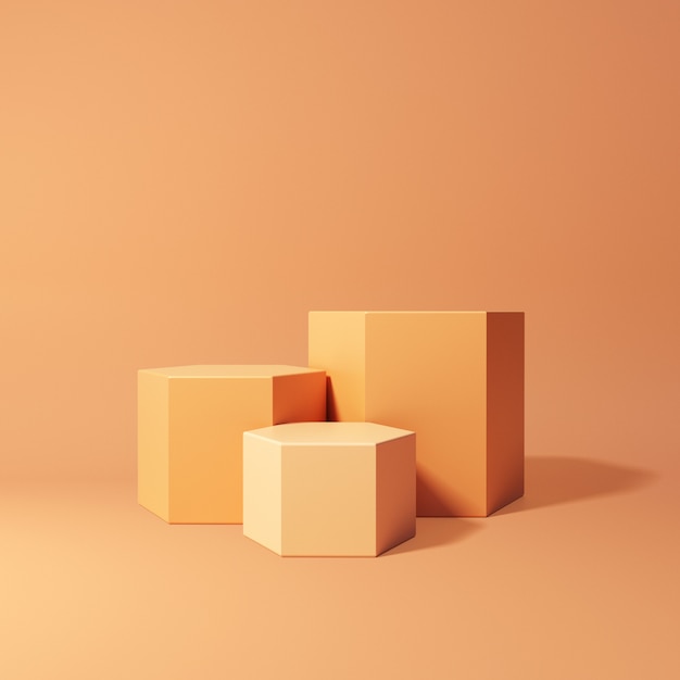 3D-weergave van geometrische podia op oranje achtergrond