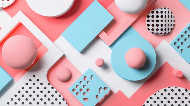 Foto 3d-weergave van geometrische vormen roze blauwe en witte kleuren polka-punten rechthoeken cirkels en bollen eenvoudig en schoon
