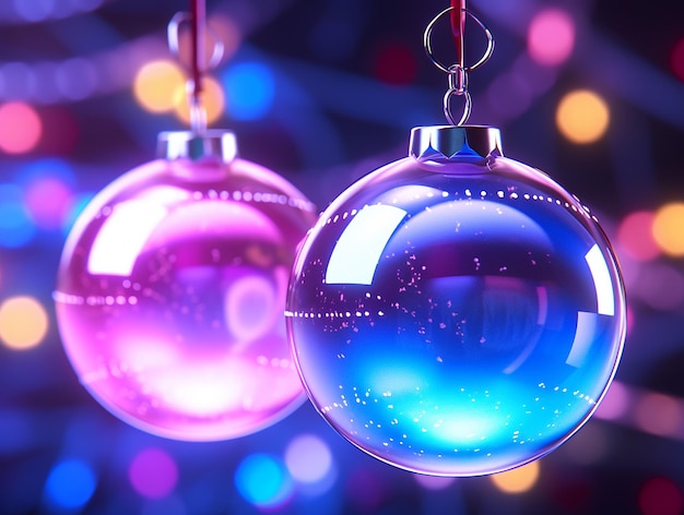 3D-weergave van glazen kerstballen tegen een paarse bokeh-achtergrond Kerstversieringen neon roze en blauwe lichten illustratie