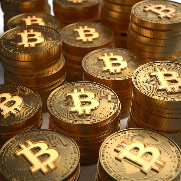 3D-weergave van gouden Bitcoin stapels close-up achtergrond